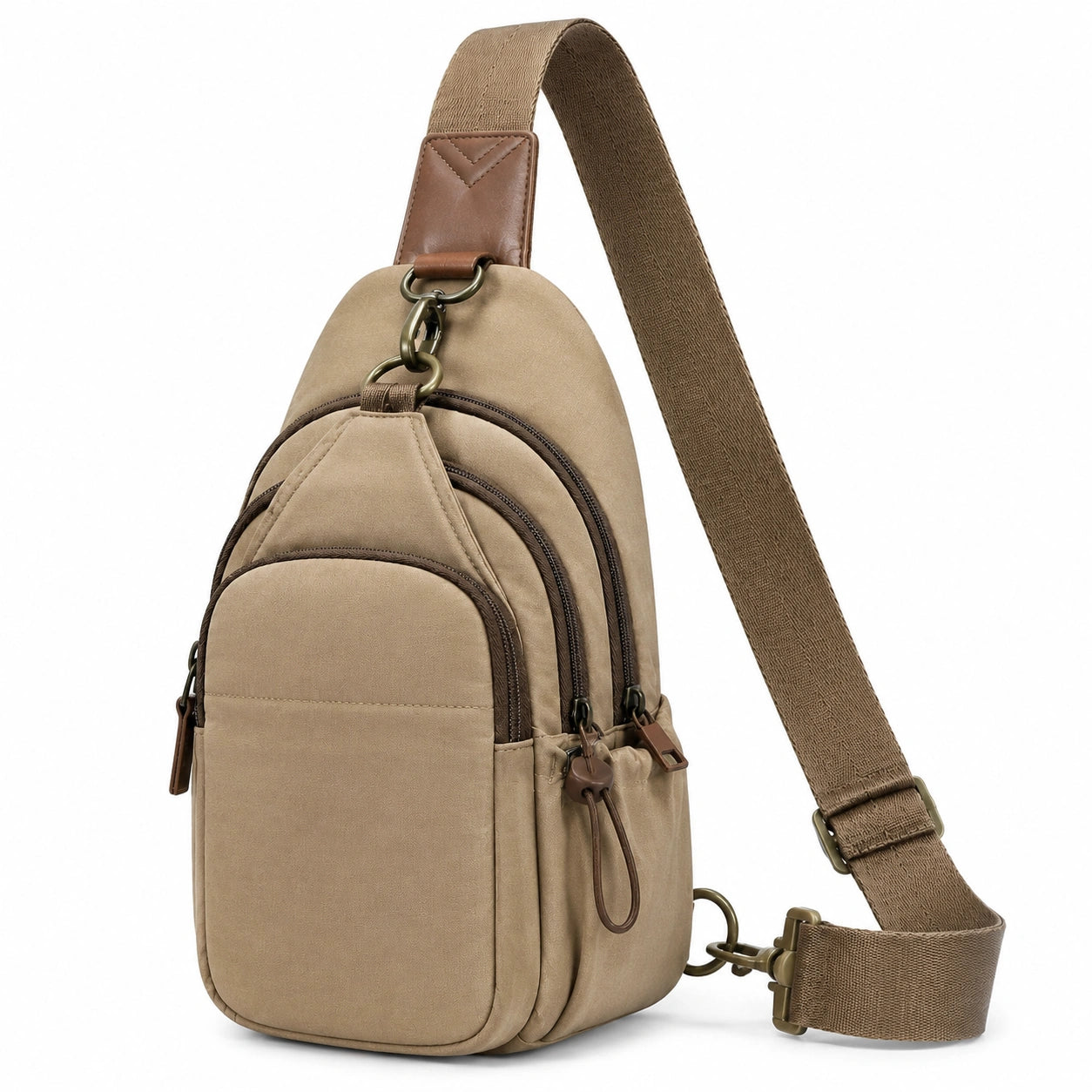 Borsa a tracolla monospalla 18 x 9 x 32 cm in tessuto kaki con tasche multiple stile casual
