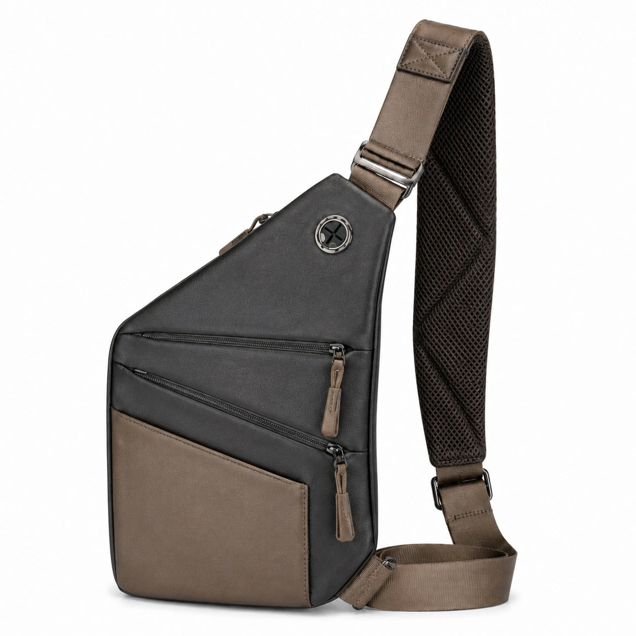 Borsa a tracolla 32 x 20 x 8 cm in similpelle nero/marrone con tasche zip e spallaccio regolabile