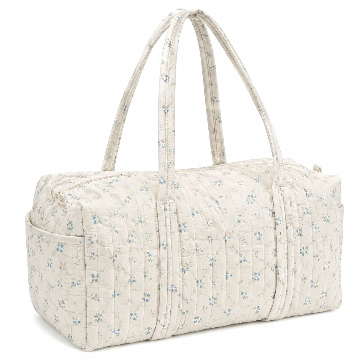 Borsa da viaggio 45 x 25 x 30 cm in cotone avorio con fiori blu trapuntata