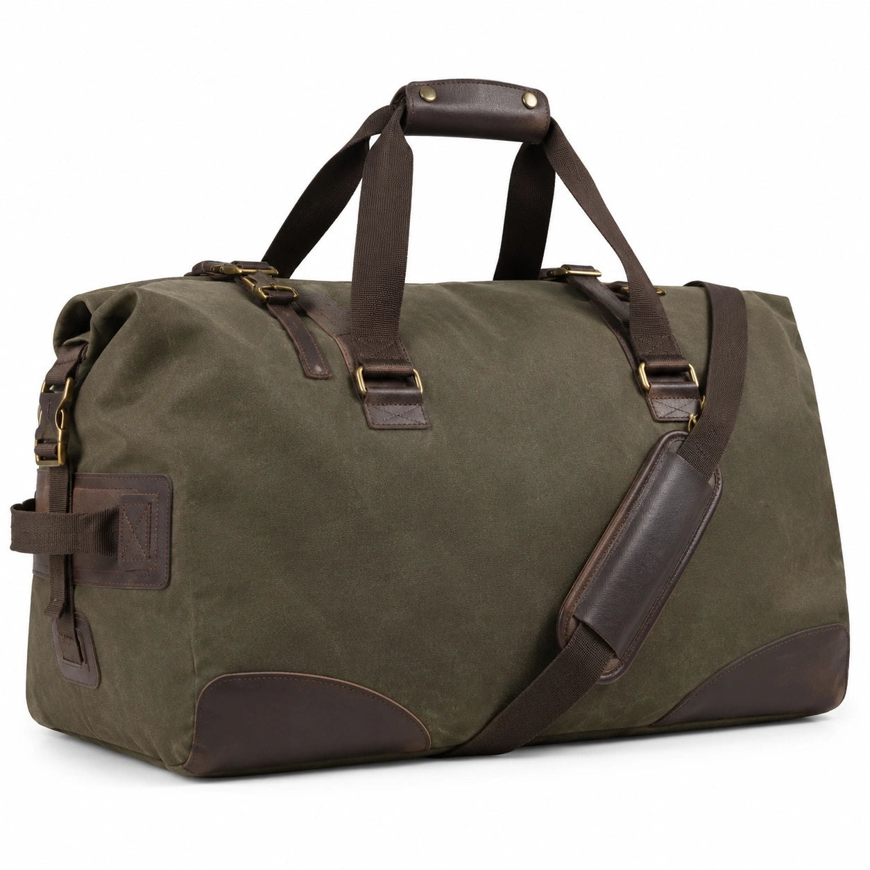 Borsone da viaggio 55 x 28 x 30 cm in tela verde oliva e marrone con tracolla regolabile