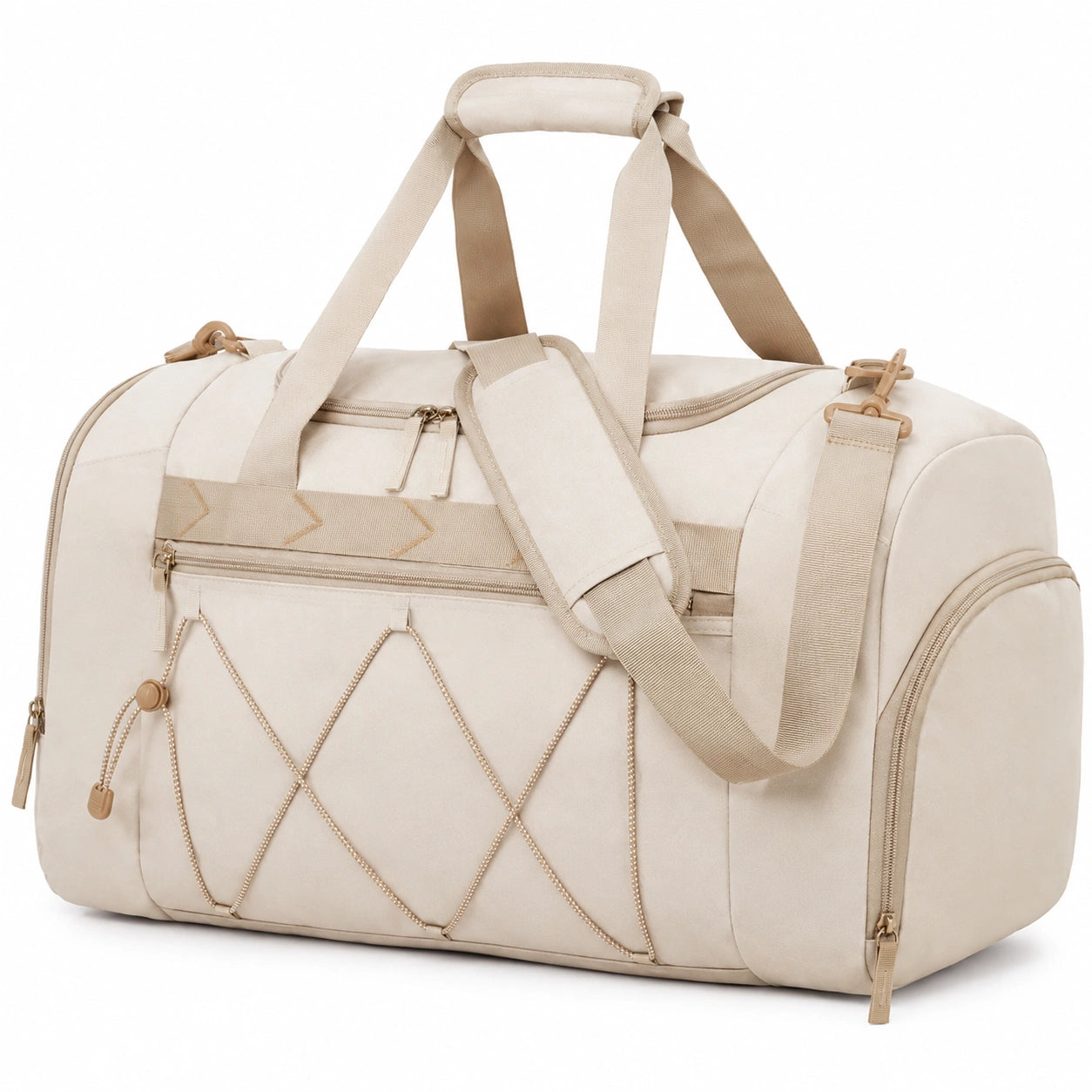 Borsone da viaggio 50 x 25 x 30 cm in tessuto beige con tracolla regolabile e tasche con zip