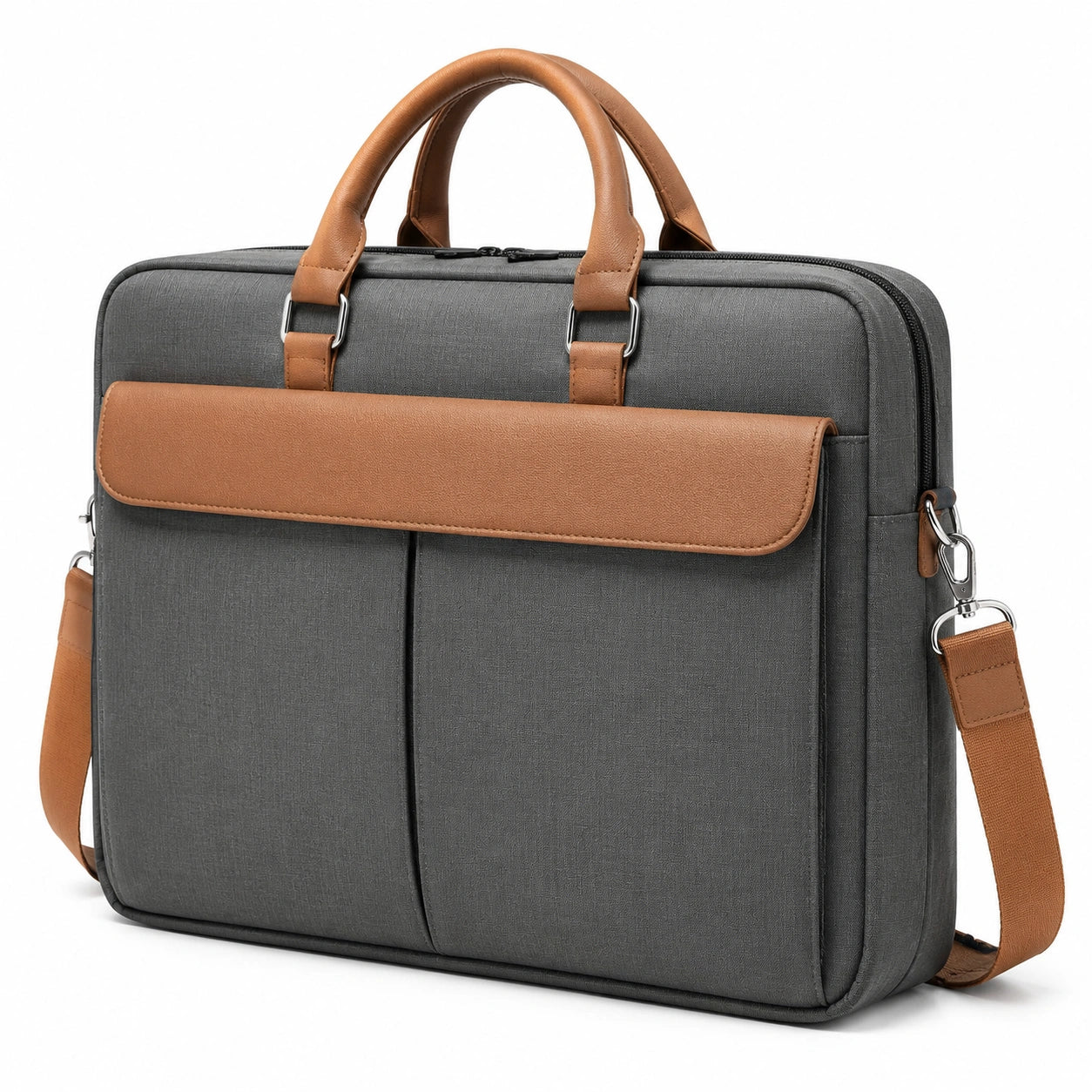 Borsa portadocumenti 42 x 8 x 32 cm in tessuto grigio e similpelle marrone - con tracolla rimovibile