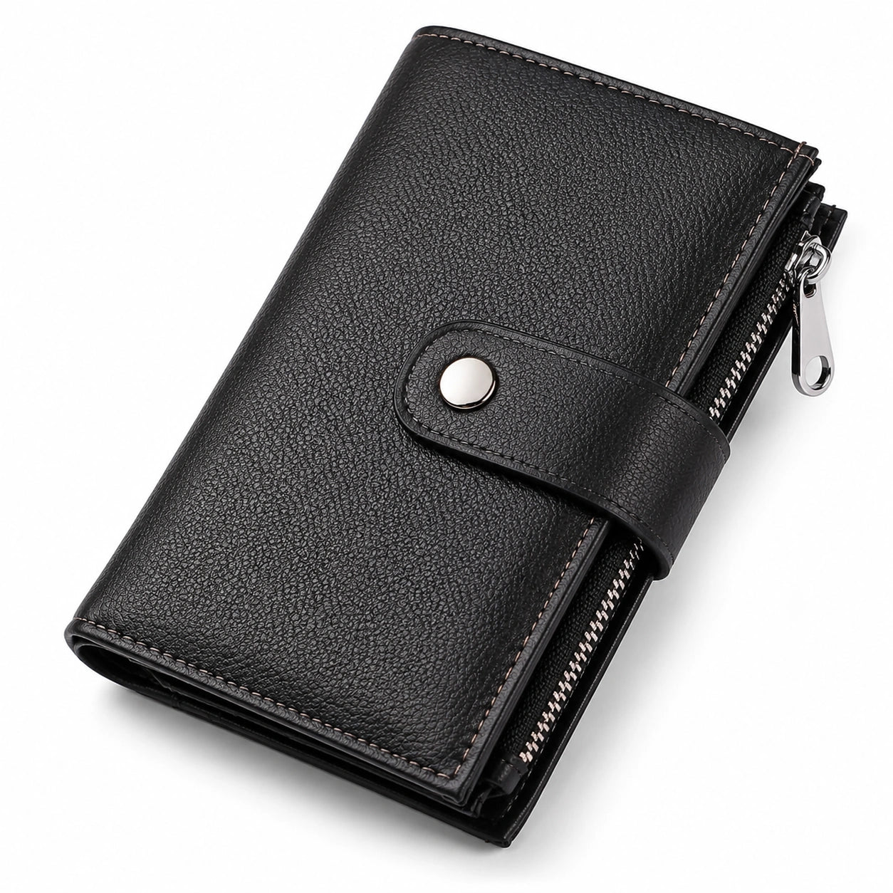 Portafoglio uomo 19 x 10 x 3 cm in similpelle nera con zip e chiusura a bottone