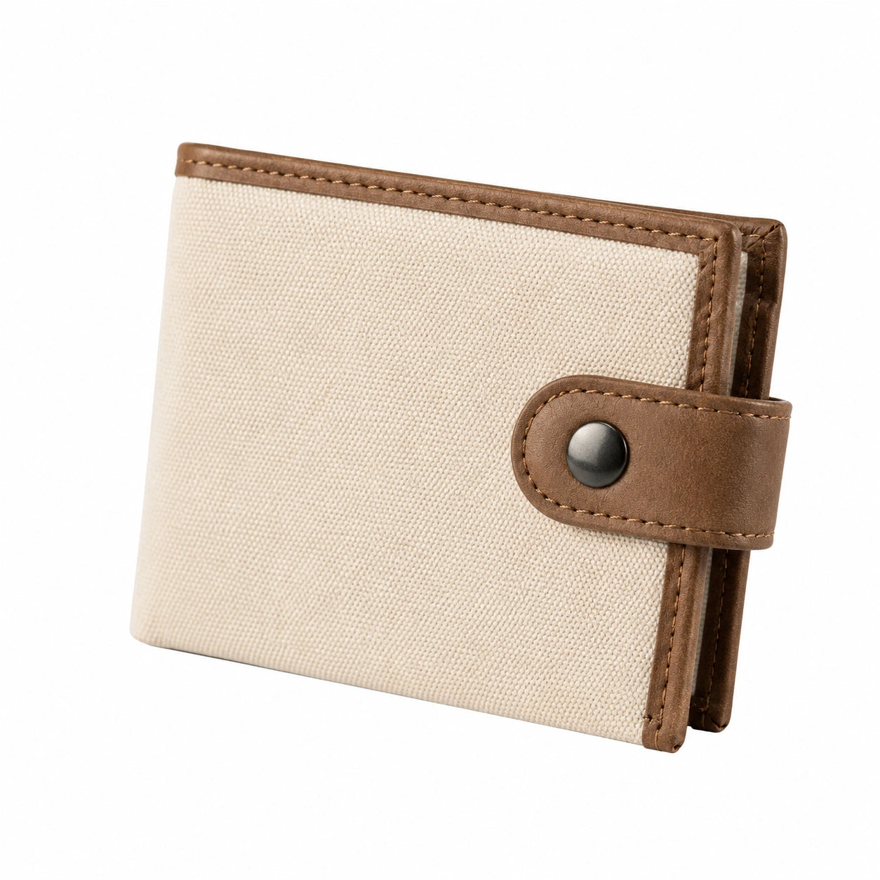 Portafoglio pieghevole 12 x 9 x 2 cm in tessuto beige e finitura marrone con chiusura a bottone