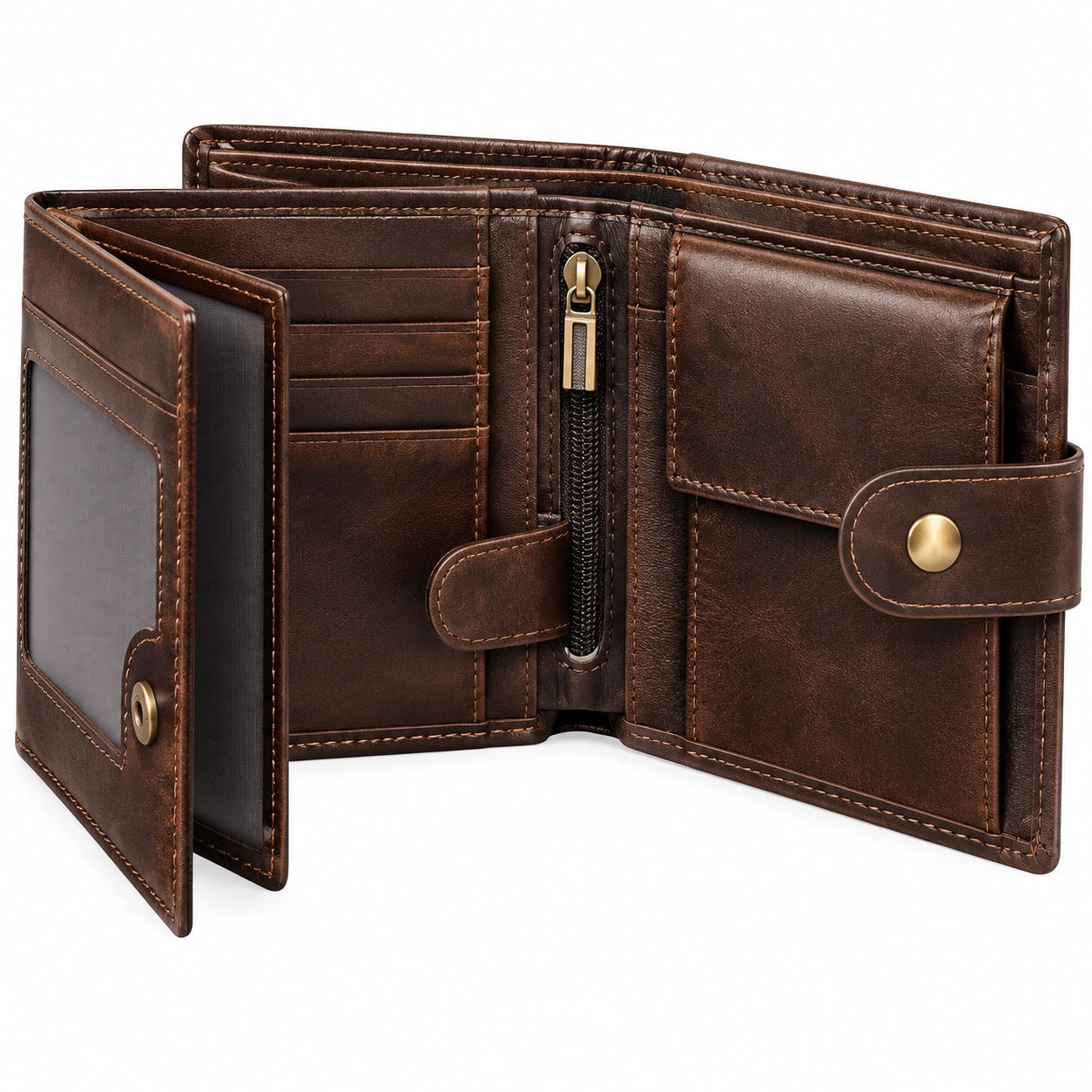 Portafoglio da uomo 12 x 10 x 3 cm in pelle sintetica marrone con portacarte e chiusura a pressione