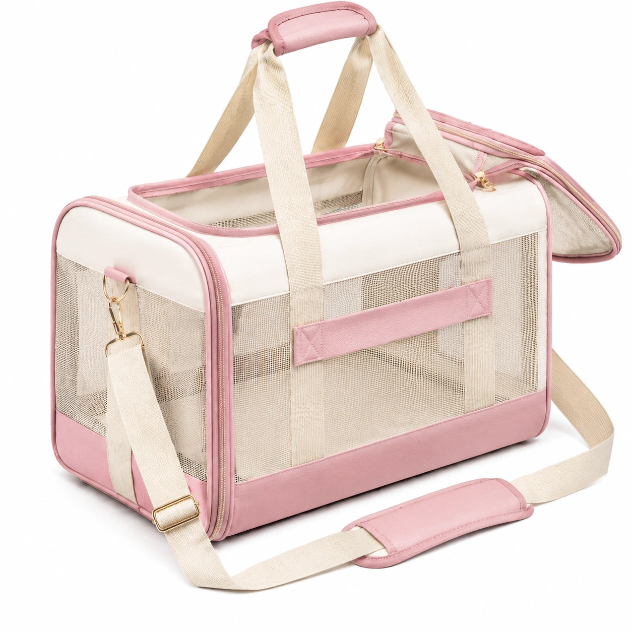 Trasportino per animali 45 x 28 x 30 cm in tessuto e rete beige rosa con tracolla regolabile