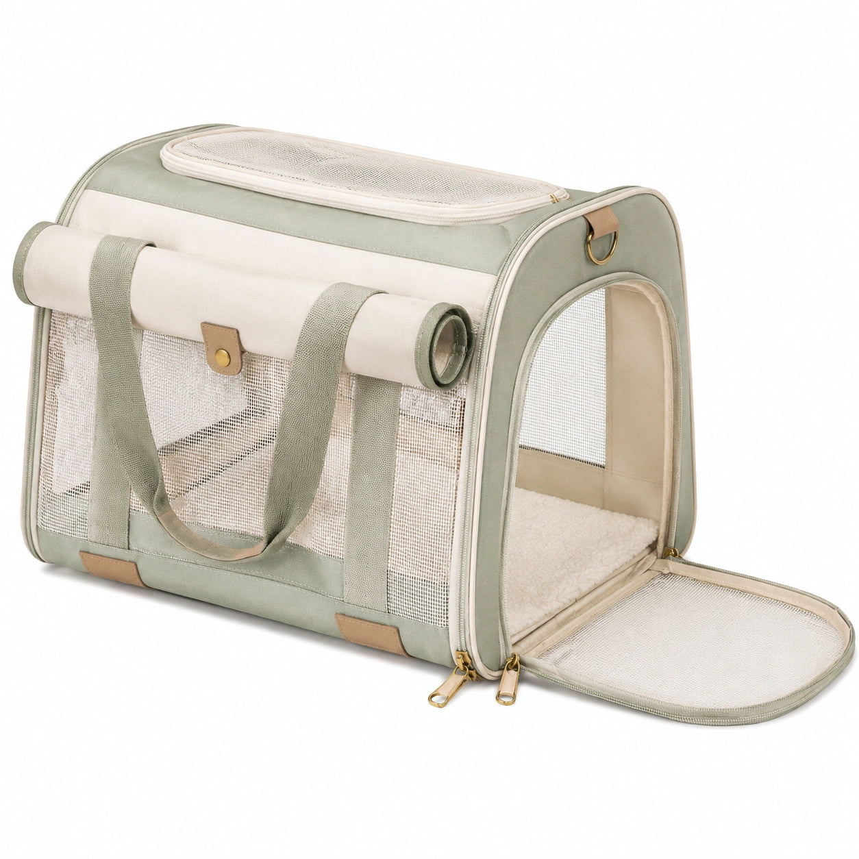 Trasportino per animali 45 x 28 x 30 cm in tessuto verde salvia e beige pieghevole ventilato