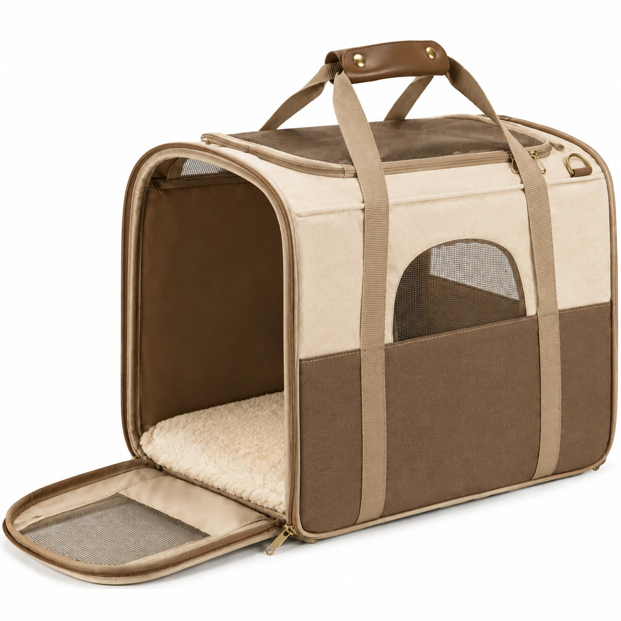 Trasportino per animali 45 x 28 x 30 cm in tessuto beige e marrone con rete traspirante