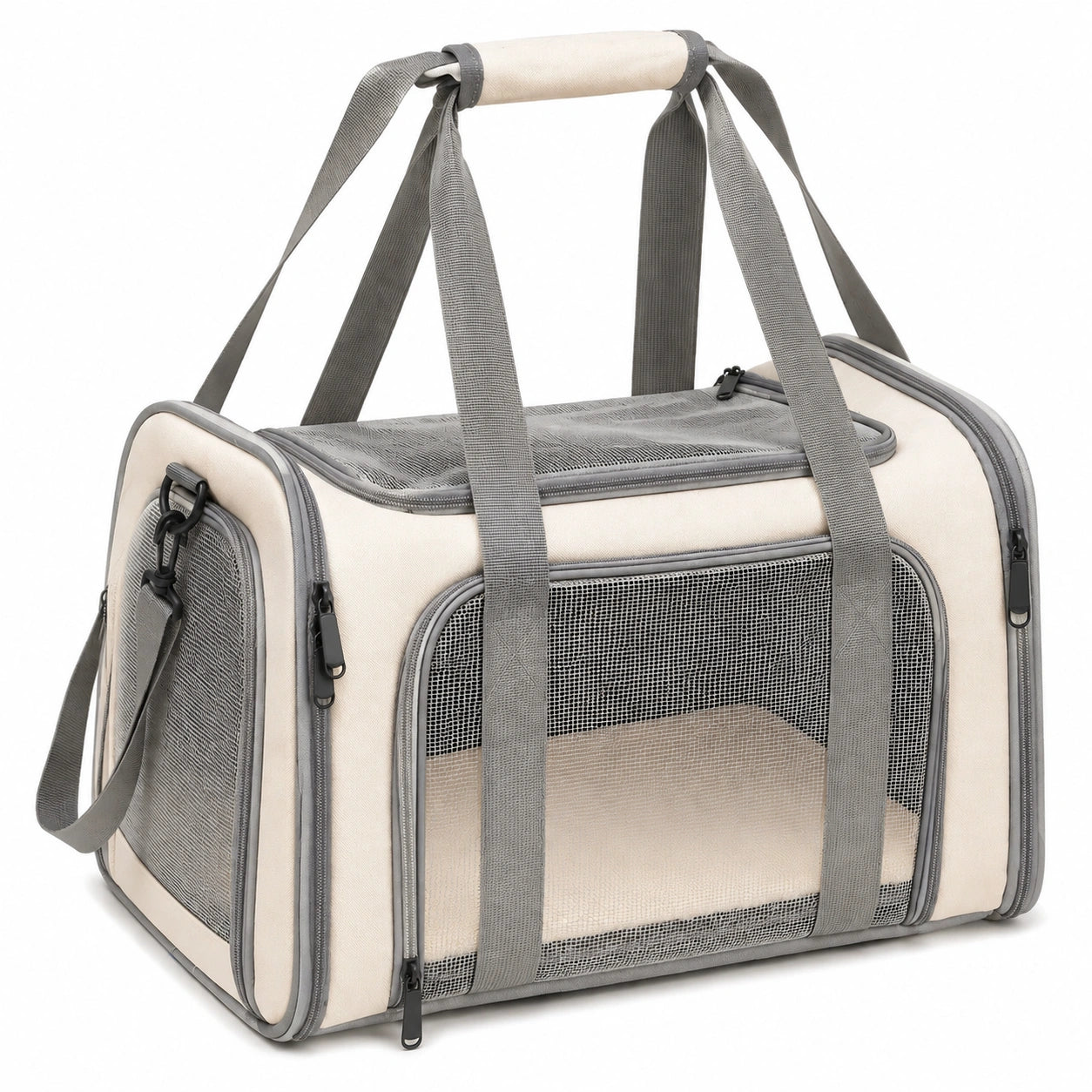 Borsa trasportino per animali 45 x 28 x 30 cm in tessuto beige e grigio con rete traspirante pieghevole