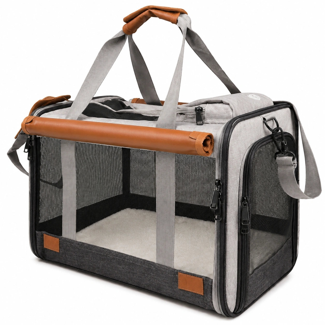 Trasportino pieghevole per animali 50 x 30 x 32 cm in tessuto grigio con rete traspirante
