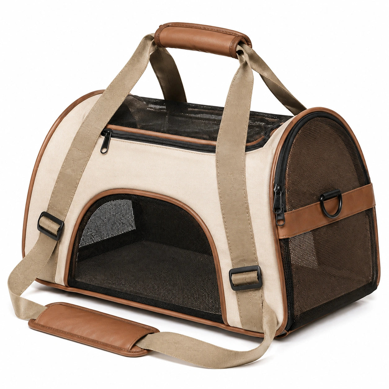 Trasportino per animali 45 x 28 x 30 cm in tessuto beige e rete con tracolla regolabile