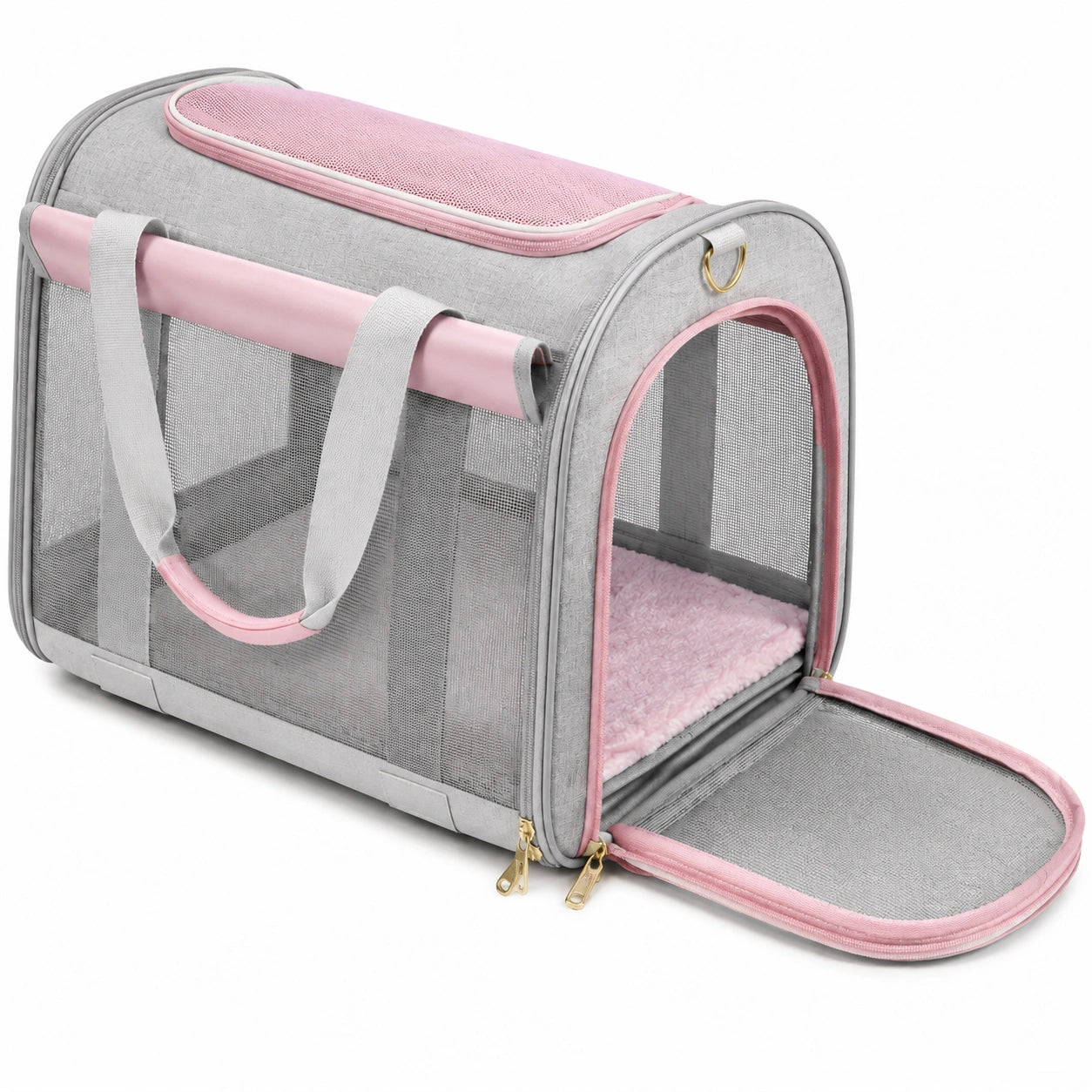 Borsa trasportino per animali 45 x 28 x 28 cm in tessuto grigio e rosa con rete traspirante