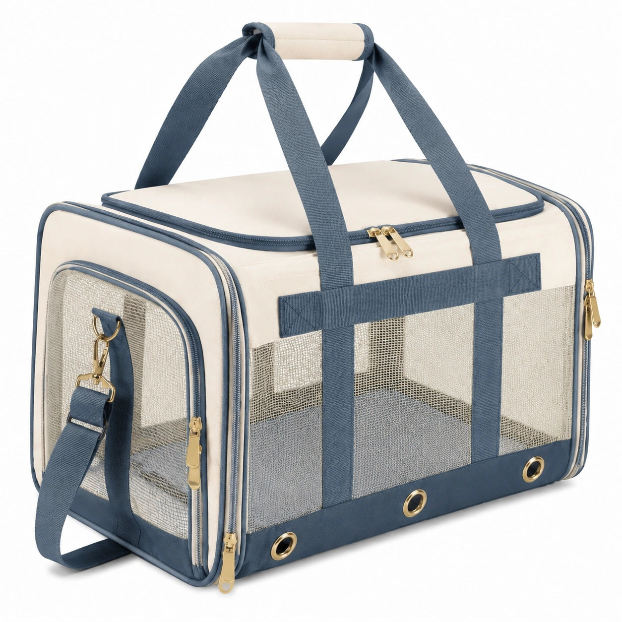 Trasportino per animali 45 x 30 x 30 cm in tessuto beige e blu con rete traspirante - borsa pieghevole da viaggio
