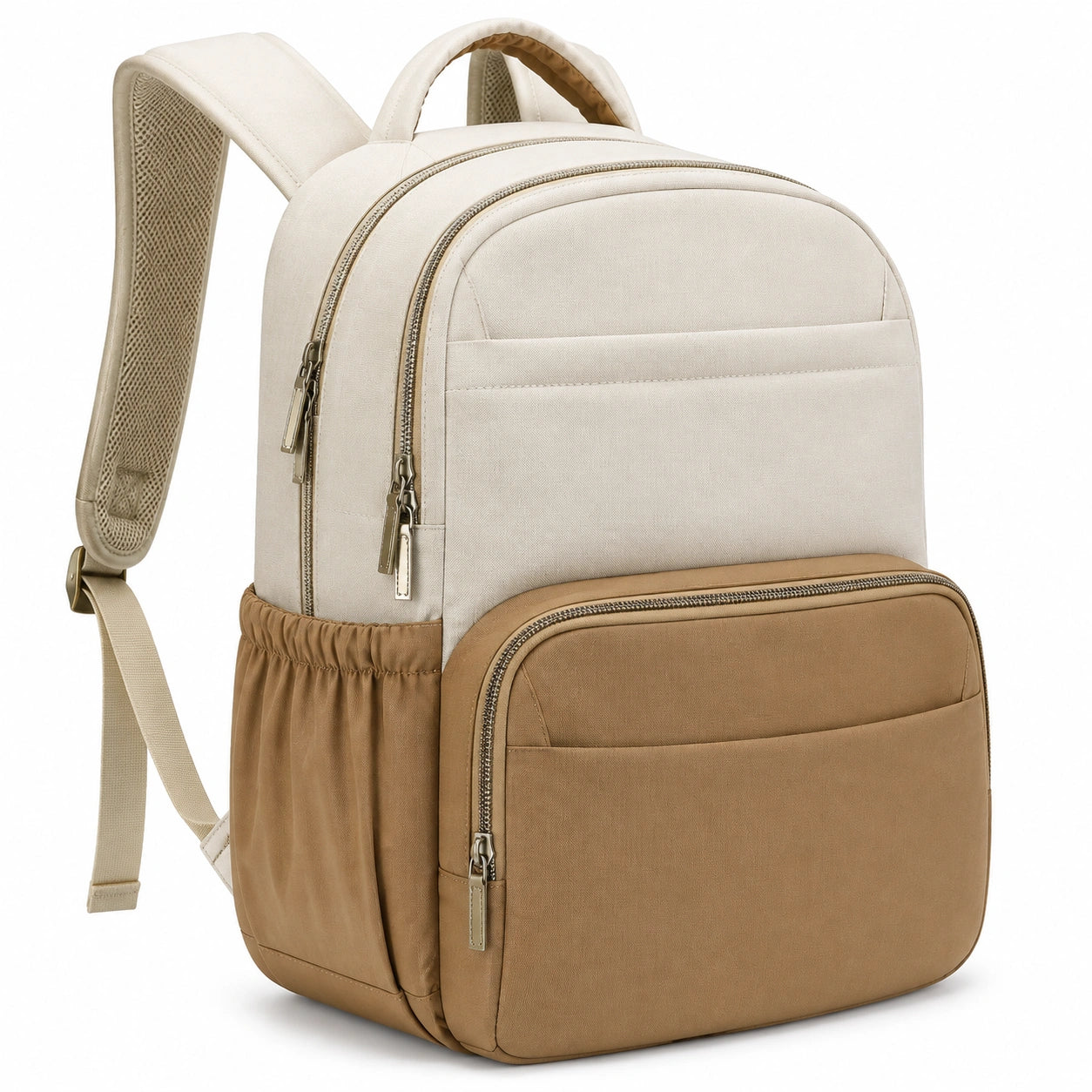Zaino 30 x 15 x 40 cm in tessuto sintetico beige e marrone con tasche multiple