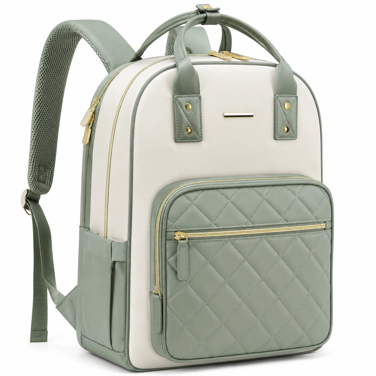Zaino da viaggio 30 x 16 x 40 cm in similpelle verde salvia e beige con tasche multiple