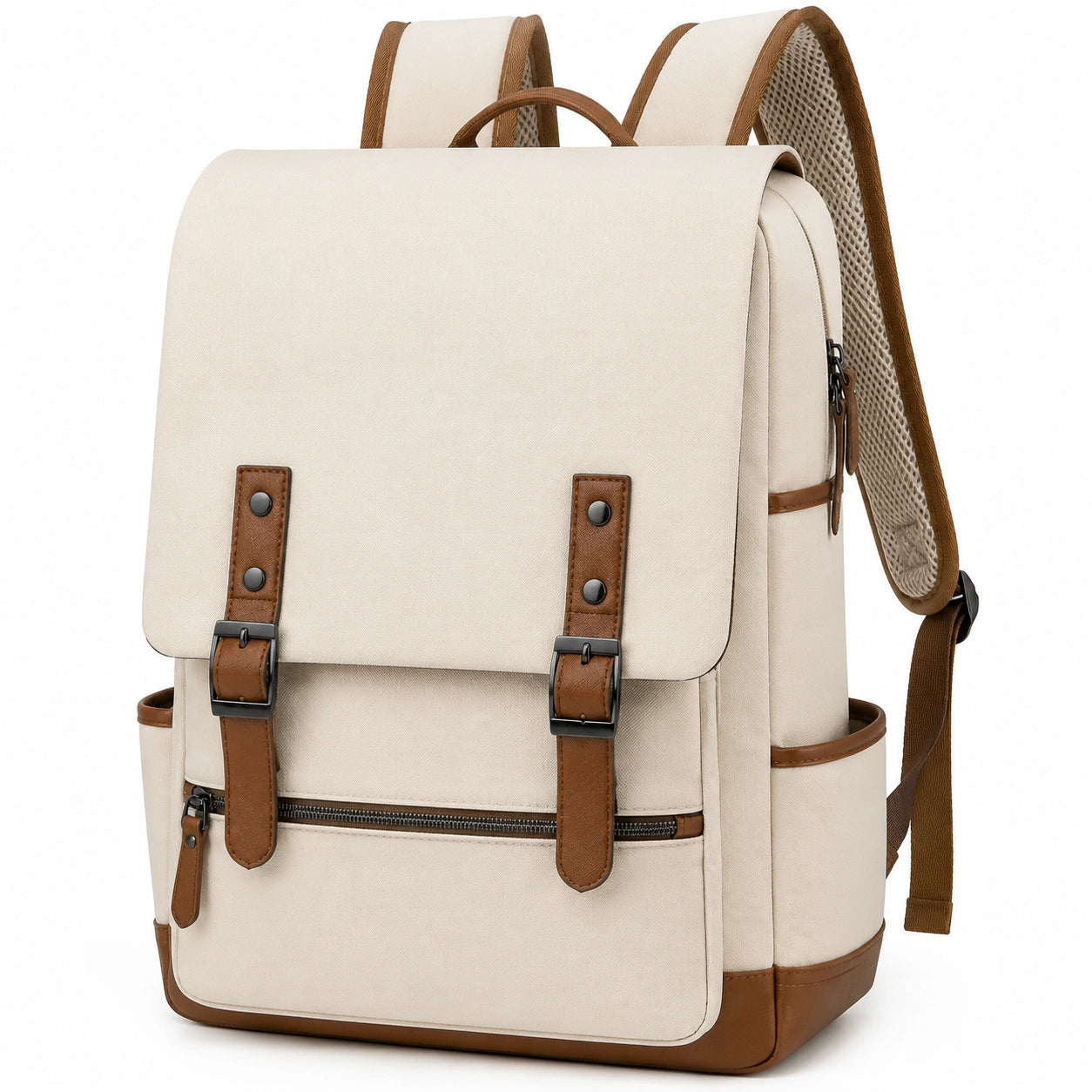 Zaino 30 x 15 x 40 cm in tessuto beige e marrone con tasche e spallacci imbottiti