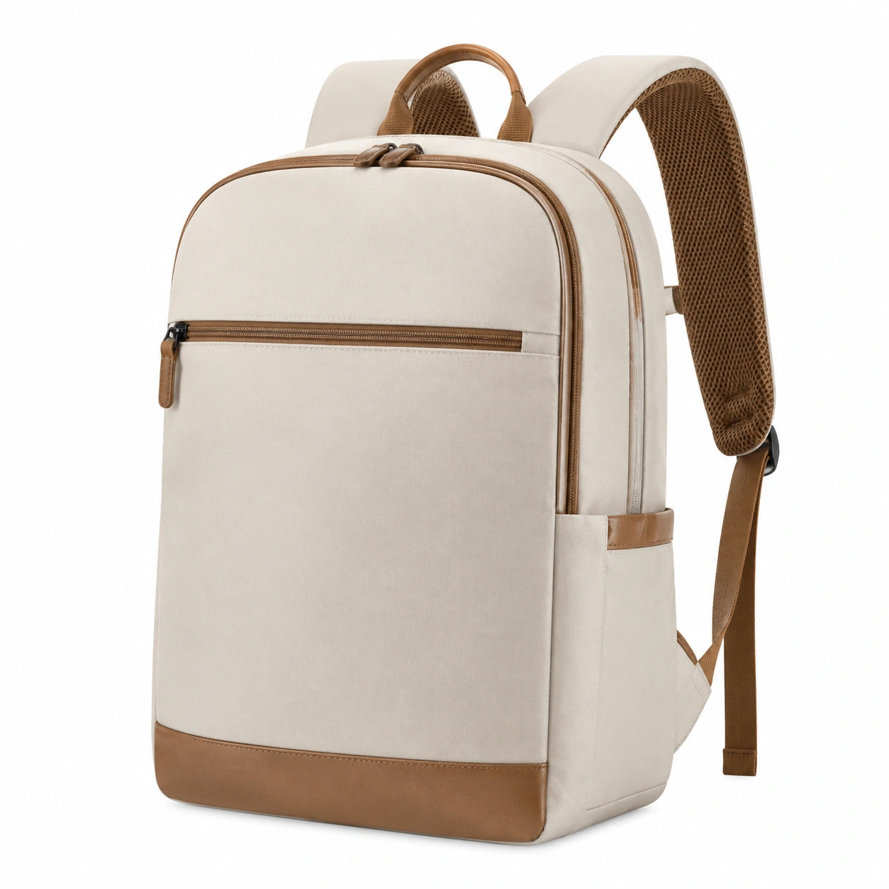 Zaino 30 x 15 x 42 cm in tessuto beige e marrone con scomparti e spallacci imbottiti