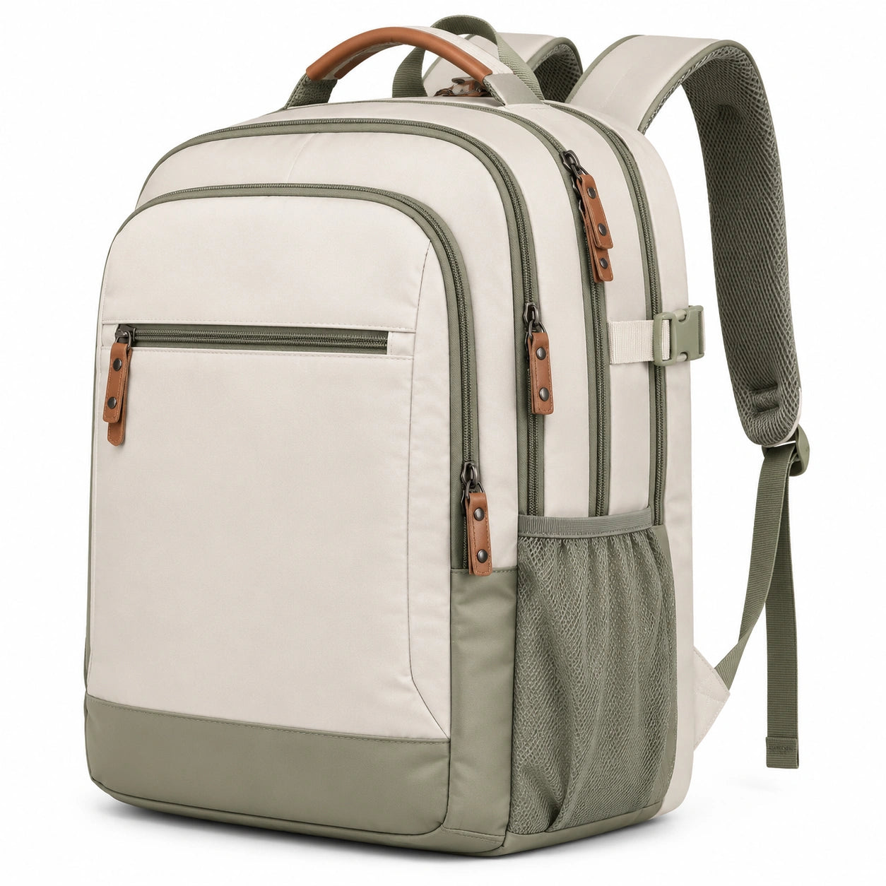 Zaino 30 x 18 x 45 cm in tessuto beige e verde con tasche multiple per uso quotidiano