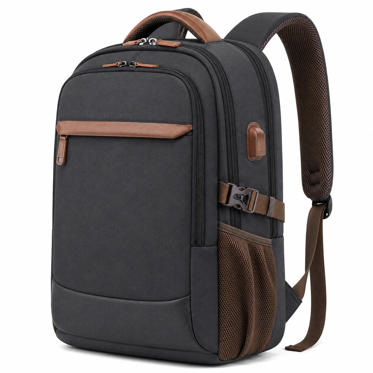 Zaino porta computer 49 x 33 x 18 cm in poliestere nero e marrone con scomparti multipli