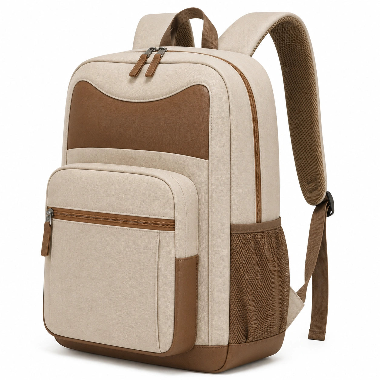 Zaino 30 x 16 x 42 cm in tessuto beige e marrone con tasche e spallacci regolabili